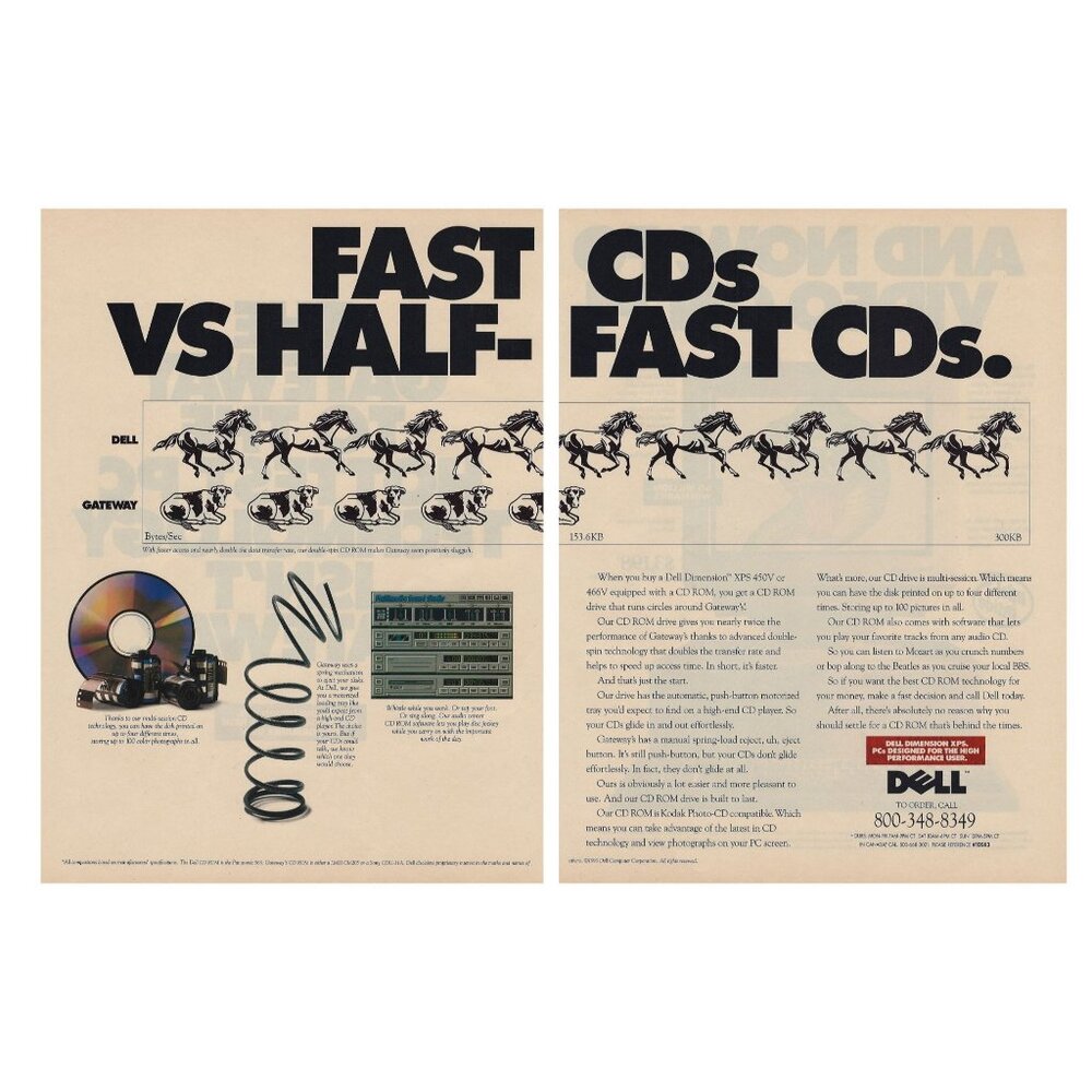 Dell 1993 Vintage Print Ad Fast Vs Half Fast CDs Horses Black  White Graphics u